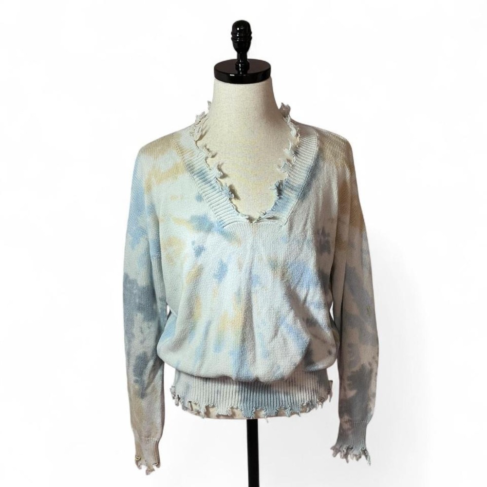Fantastic Fawn Distressed Tie Dye Knit Sweater Womens Large Blue Tan Frayed Boho